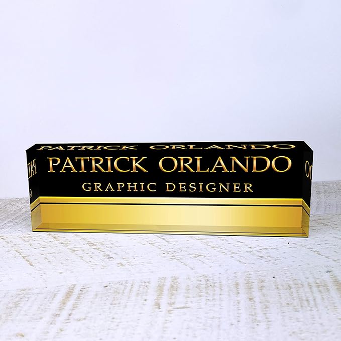Artblox Personalized Office Desk Name Plate With Business Card Holder | Clear Acrylic Glass with Teak Wood Stand | Black Gold Stripe Design Customized with Your Name and Credentials Office Desk Décor