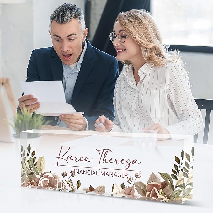 Custom Office Name Plate, Personalized Gifts for Women & Men, Appreciation Gifts for Employees, Office Desk Accessory (Tea Colored Flower)