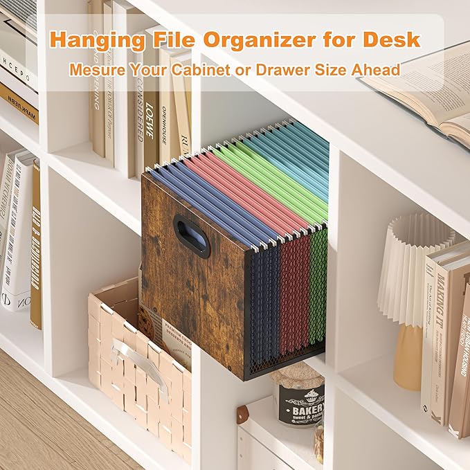 Piskyet 2Pcs Wooden Hanging File Organizer for desk, Metal Mesh File Folder Organizer Crate Cabinet Storage Box with Handle for Home Office Desk,Letter - Size,Rustic Brown