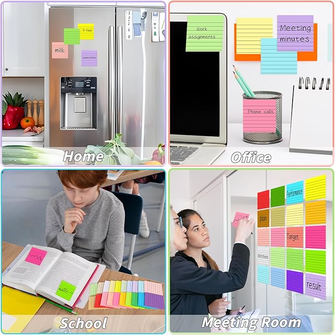 100 Pack Lined Sticky Notes Bulk 3 x 3 In Self-Stick Note Pads Colorful Posted Note in 20 Colors Adhesive Paper Memo 50Sheets/Pad Easy to Post for Office Home School Meetings Notebook Wall Door Window