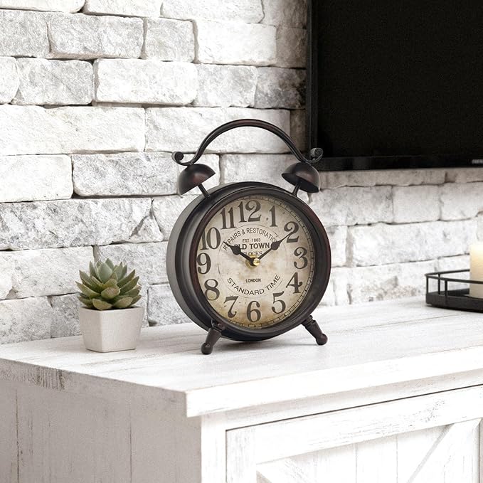 Vintage Dark Brown Desk Clock, Decorative Table Clock with Bell Top, Silent Non-Ticking Mantel Clock for Living Room or Bedroom, Wood Dial, Battery Operated