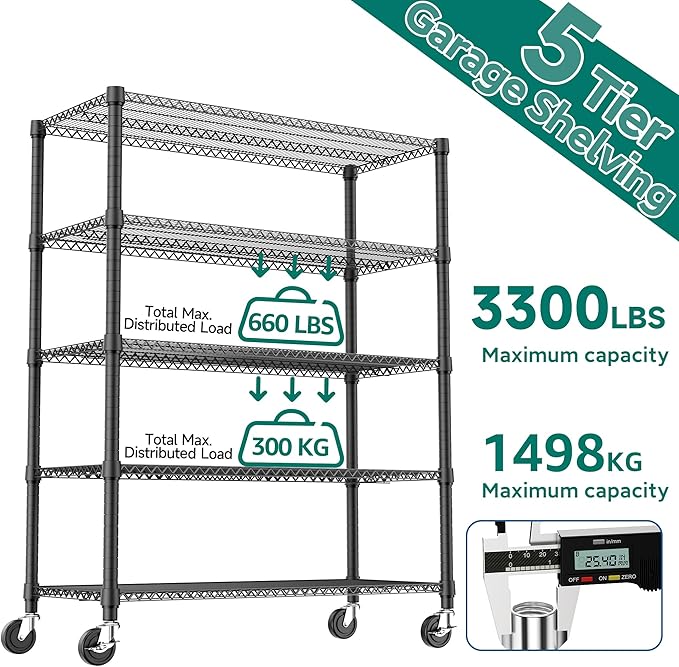 5 Tiers Shelf 3300 lbs Steel Storage Shelving Utility Shelving Unit Steel Organizer Wire Rack for Home,Kitchen,Office,Garage Black 23.6" D x 53.1" W x 73.6" H