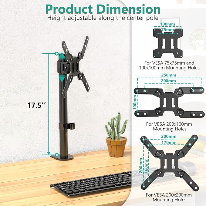 WALI Single Monitor Mount for 1 Computer Screen up to 42 inch, Fully Adjustable Monitor Arm Holds up to 22 lbs, Mounting Holes up to 200x200mm (M001SXL), Black