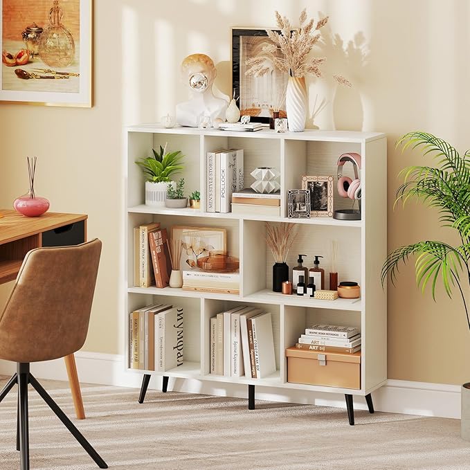 Tangkula 8-Cube Bookcase, Modern Storage Bookshelf with 5 Tapered Metal Legs & 2 Anti-Tip Kit, Freestanding Display Rack for Living Room, Study Room (8-Cube,White)