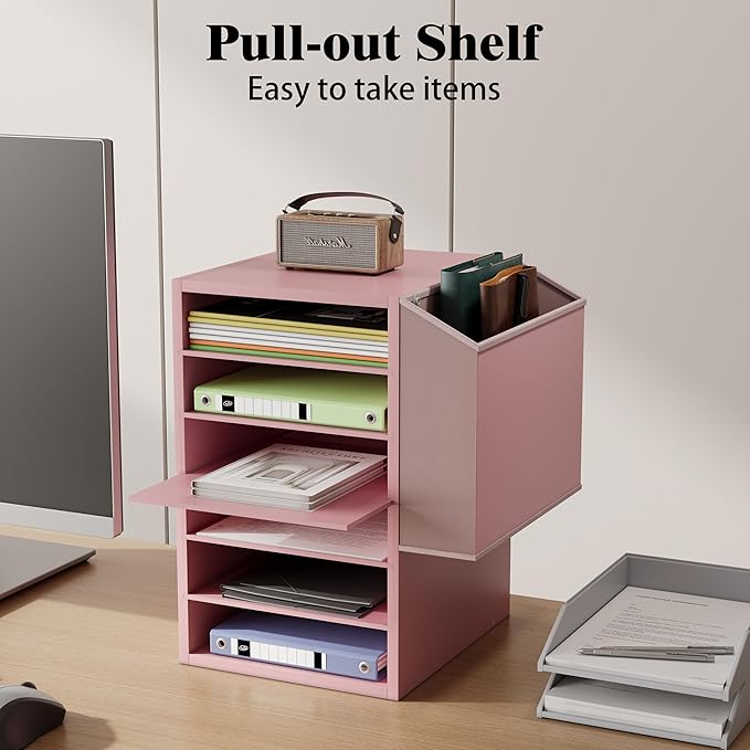 6 Tier Adjustable Countertop Mail Sorter, Mailboxes With Name Slots, Literature Organization Paper Storage Slot, Office Desk File Organizer, Wooden Desktop Mailbox for Classroom(Pink, 6 Slots)