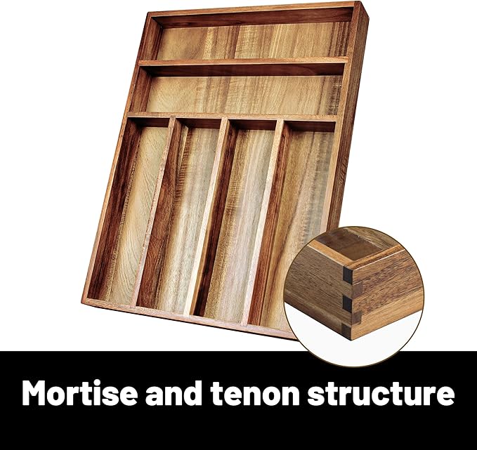 Acacia Wood Silverware Organizer, Kitchen Utensil Drawer Organizer for Forks, Knives & Spoons, 6-Compartment Cutlery Tray, Flatware Holder