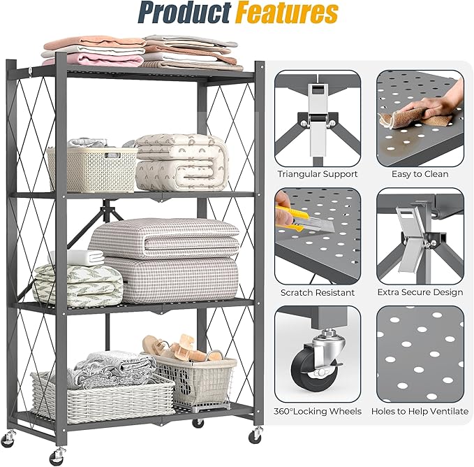 4-Tier Folding Metal Storage Shelf with Wheels, No Assembly Organizer Rack, Heavy Duty Collapsible Shelving Unit for Garage, Kitchen, Basement, Pantry, Living Room(New Upgrade - Gray, 4 Tier)