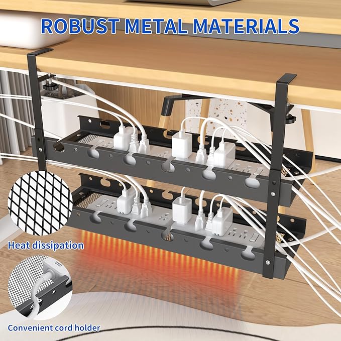 31Inch Extendable Under Desk Cable Management Tray Multi-Model Metal Cable Management Tray Under Desk Cord Management with Clamp Power Strip Cord Holder for Wire Cable Management, Black