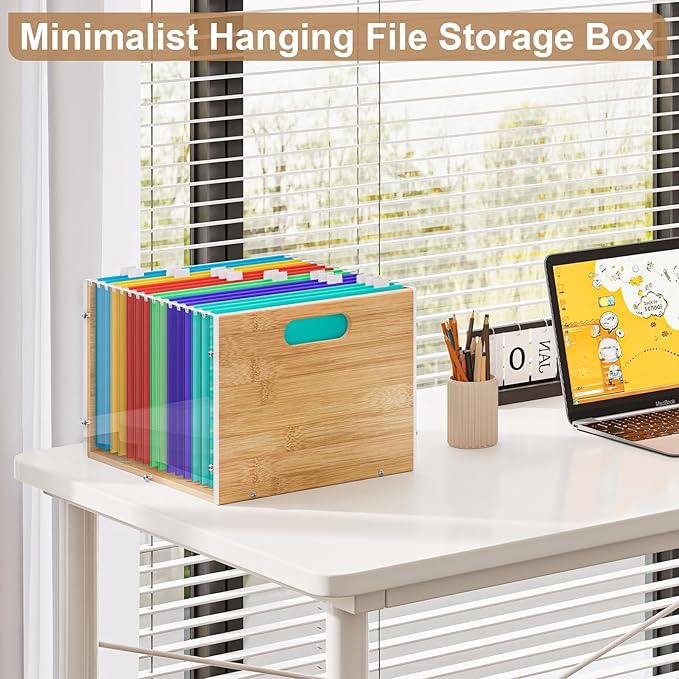 2 Pack Hanging File Organizer, Clear Acrylic File Box Organizer, Bamboo Filing Box File Crate Storage Boxes, Portable Filing Organizer with Handle for Letter Size