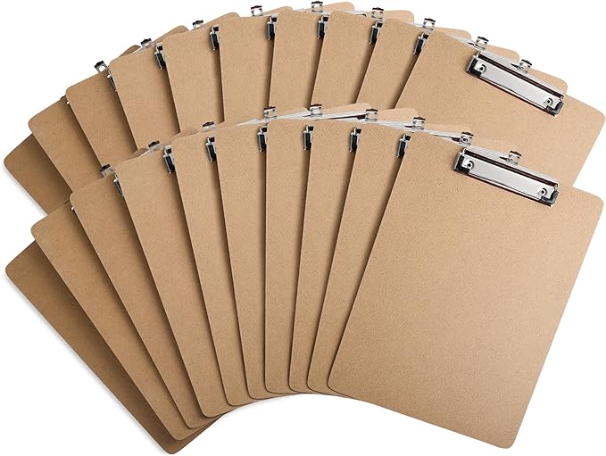 Uzant Clipboards 20 Pack Letter Size 9" x 12.5" Clipboards Bulk, Wooden Hardboard A4 Clip Boards Pack for 8.5" x 11" Paper with Low Profile Clip, Hanging Loop for Office Home Classroom