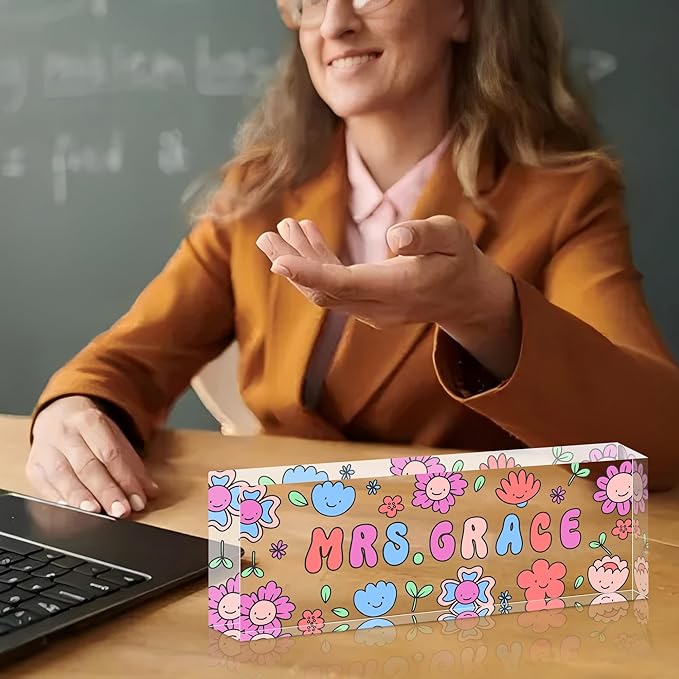 Personalized Name Plate for Desk, Custom Acrylic Desk Name Sign, Office Appreciation Gifts for Women Men Coworkers Boss Teacher Employee (Teacher)