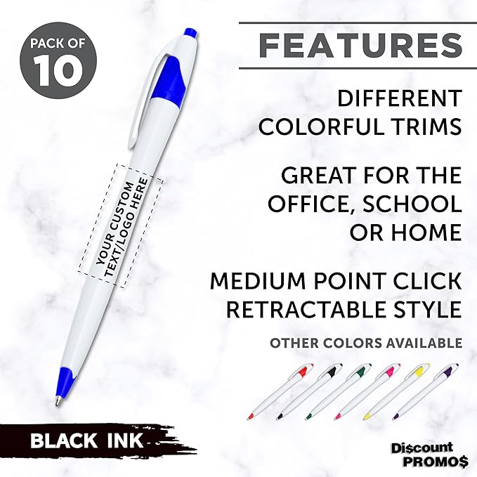 DISCOUNT PROMOS Custom Slim Curvy Ballpoint Pens Set of 10, Personalized Bulk Pack - Black Ink, Retractable, Great for Office, School, Tradeshows - Blue Black
