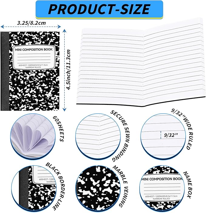 UZLU 48 Pack Mini Composition Notebooks Bulk College Ruled Half Composition Notebook 4.5" x 3.25" Narrow Ruled Small Pocket Marble Journal 60 Sheets for Students Office School Supplies