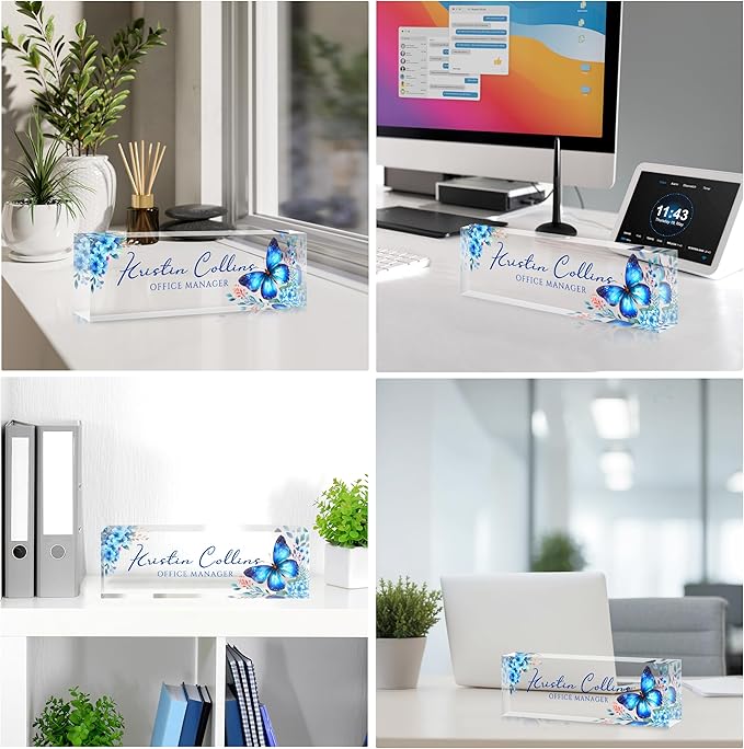 Custom Name Plate for Desk, Personalized Desk Name Plate on Clear Acrylic Glass, Appreciation Gifts for Teacher Employee Boss Coworkers Nurse, Office Desk Accessories for Women Men (Azure)
