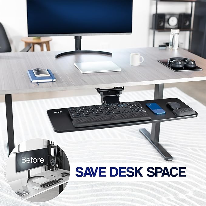 VIVO Premium Adjustable 34 x 11 inch Computer Keyboard and Mouse Platform Tray, Ergonomic Under Table Desk Mount Drawer with Padding, Black, MOUNT-KB34P-B