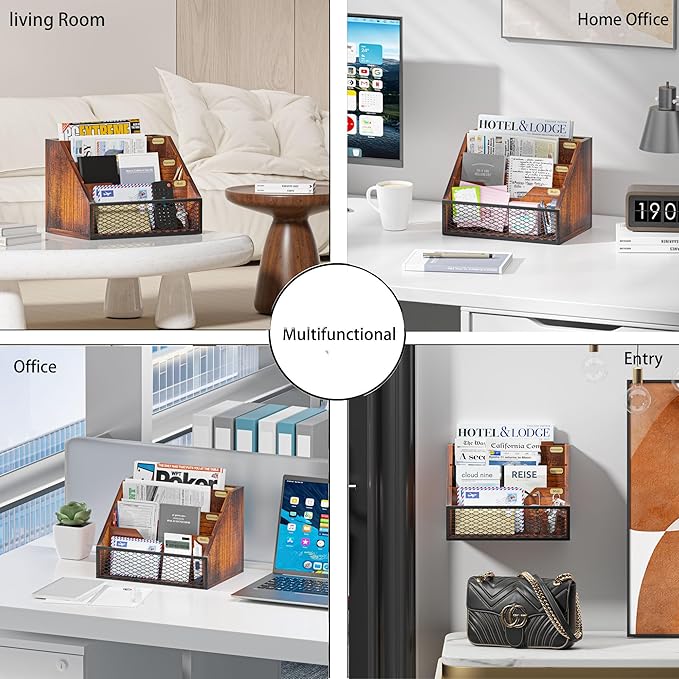 Mail Organizer Countertop,Wooden Mail Holder,4 Slot Letter Holder for Desktop,Vintage Desk Orgaizer for Fill,Bill (Brown)