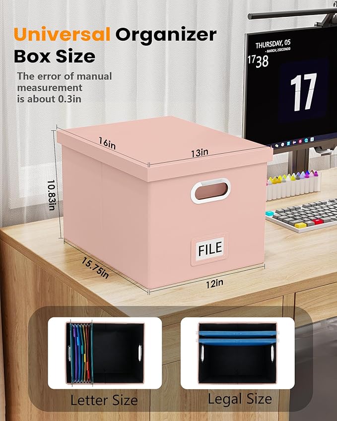 Oterri File Organizer Box with Lid, Portable Hanging File Box for Letter/Legal Files, Office/Decor/Home, Cream-pink (Leather), 1 Pack