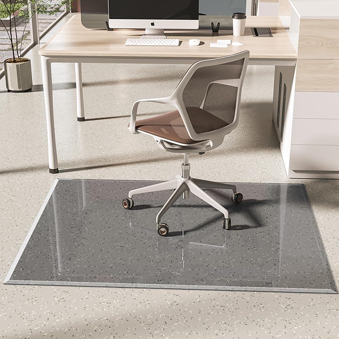 [Tempered Glass] 60“x48” Beveled Edge Glass Chair Mat with Polished Edge Clear Office Chair Mat, Glides Smoothly, Suitable for Carpet or Hardwood Floors (Grey)