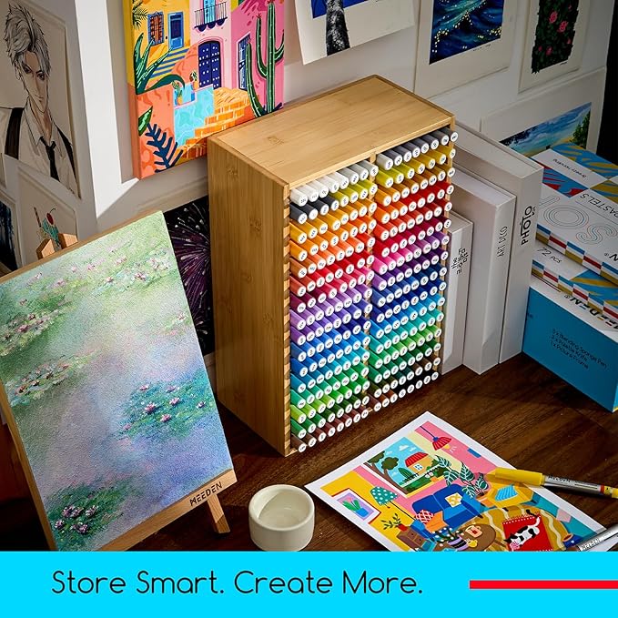 MEEDEN Bamboo Marker Organizer for Desk: Holds 224 Pens with 32 Compartments- Art Supply Storage & Holder for Alcohol Markers，Pens，Pencils