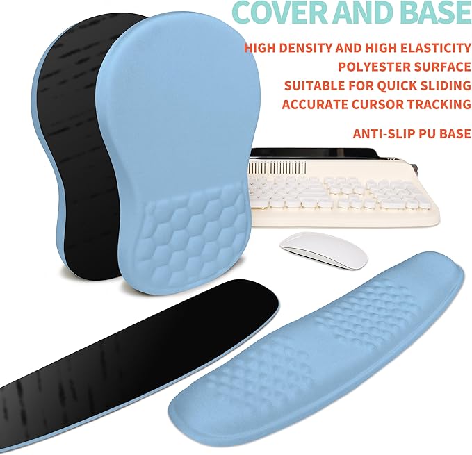 2-in-1 Ergonomic Set, Wave Rise Keyboard Wrist Rest and Massage Bulge Slope Mouse Pad Wrist Support, Cushion Memory Foam Integrated to Relieve Wrist Pain, Lake Blue