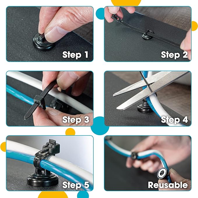 HATSBI. Magnetic Cable Zip Tie Mounts Multipurpose (105 PACK) Neodymium Magnets Black 105 Black Cable Zip Ties Included. Cable Holder for Cable Management. Holds Standard Zip Ties/Cable Ties.