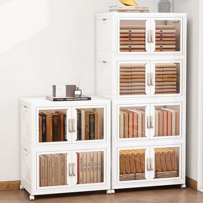 Large Clear Stackable Storage Bins with Lids, 597QT-99.5QT*6Tier Foldable Cabinet for Closet Organizers, Plastic Storage Box with Wheels White