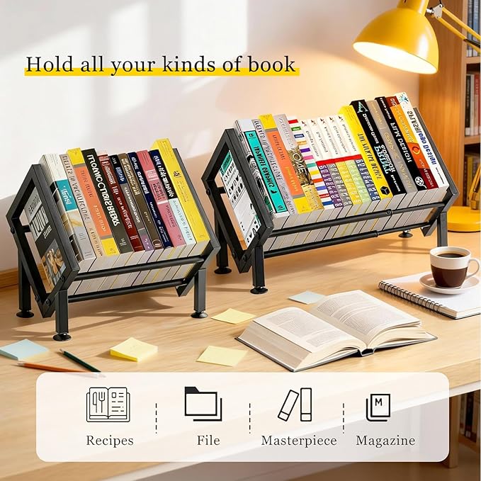Adjustable Desktop Bookshelf Organizer, Set of 2 Tilting Tabletop Bookshelf in Office Home/Bedroom, Vinyl Record Storage Holder Book Rack for Magazine/CDs/Books/Vinyls Display