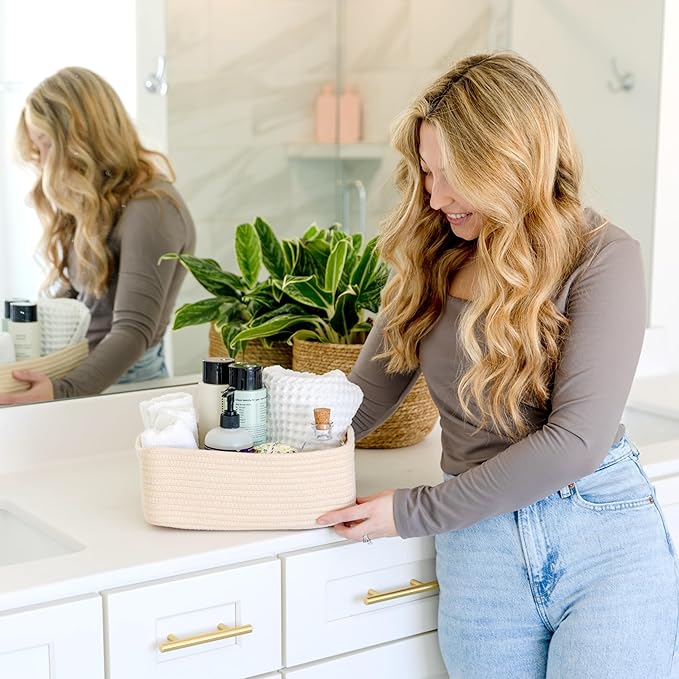 NaturalCozy 11.8"x8"x4.5” Storage Baskets for Shelves 3 Pack | Cotton Rope Woven Small Baskets for Organizing | Small Storage Bins for Nursery, Bathroom, Closet, Cube Shelf, Decorative, Gift Basket