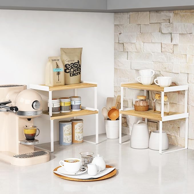 Kitchen Cabinet Organizer Set of 4, Desk Shelf Riser, Stackable Cabinet Pantry Cupboard Organizer, Kitchen Counter top Shelf, Storage Rack for Spices, Plates, Bamboo Wood, White