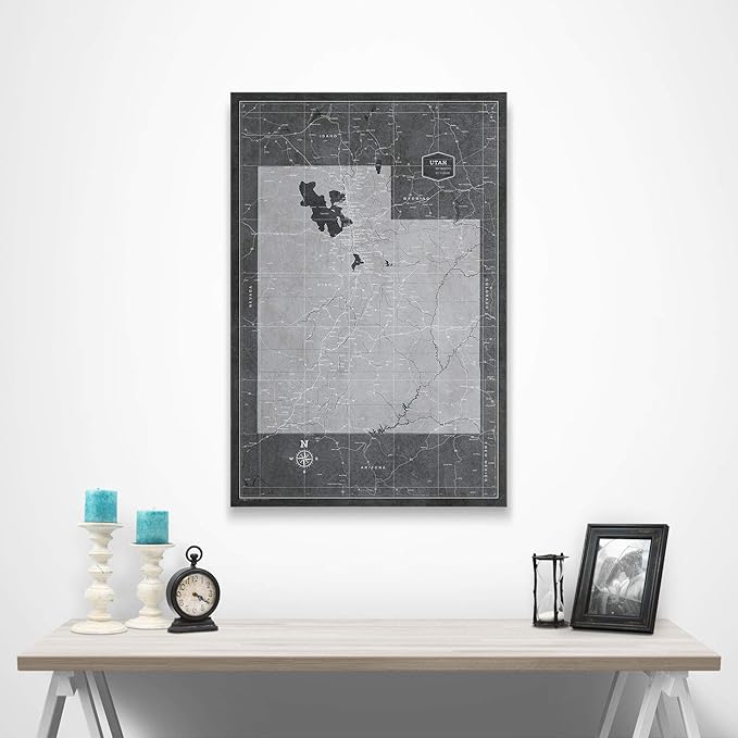 Conquest Maps Push Pin Utah Map Board - With Push Pins to Mark Utah Travels - Handmade in Ohio, USA - Design: Modern Slate
