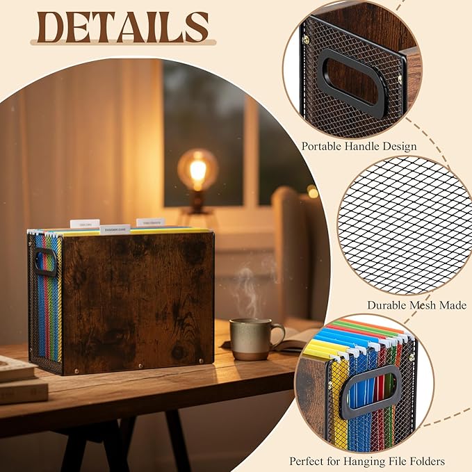 2 Packs Hanging File Folder Organizer Filing Box with Handles for Letter Size Folders Vintage File Organizer Holder for Desk Space-Saving Storage Bin for Office/Home, 12.2" x 5.3" x 9.8"