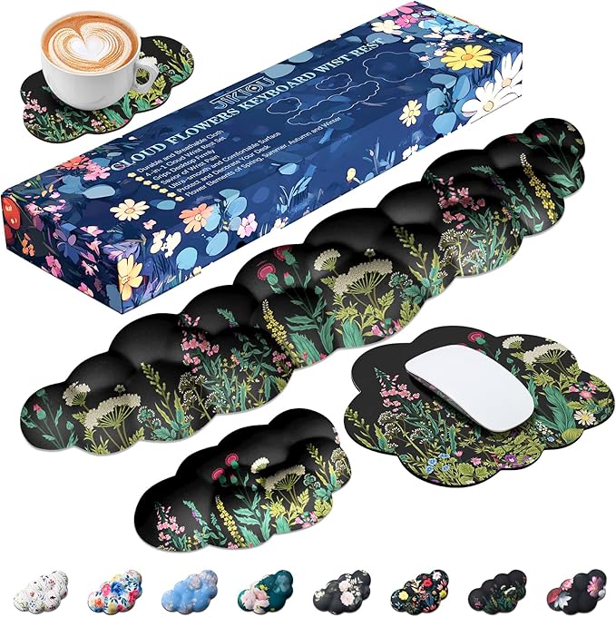 JIKIOU Cloud Wrist Rest Keyboard, Cloud Keyboard Wrist Pad Set with Comfortable Cloth, Cute Arm Rest for Palm Support, PC/Gaming Desk Accessories/Office Setup/Computer Hand Cushion Wild Flowers