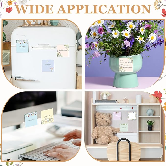 9 Pads Wildflower Sticky Notes 3x3 Inch Cute Self Stick Notepads Notes Adhesive Memo Pad Office Decor Gifts for Students School Teacher Meeting Office Supplies