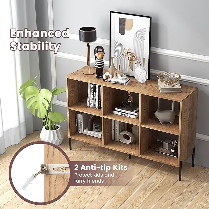 Giantex 6 Cube Bookcase, 3-Tier 47" Long Wood Bookshelf w/ 5 Metal Legs, Adjustable Shelf, Anti-toppling Device, 31.5" Tall Floor Open Shelf Bookcase, Freestanding Wooden Cube Storage Shelves