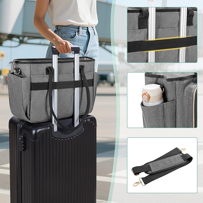 LUXJA Teacher Tote Bag with Accordion File Pocket, Teacher Bag for Women with 15.6 Inch Laptop Compartment, Gray