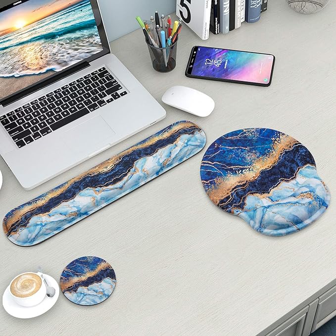 Mouse Pad with Non-Slip PU Base,Gel Mouse Pad with Coaster,Pain Relief for Gaming, Computer,Office -White Blue Marble