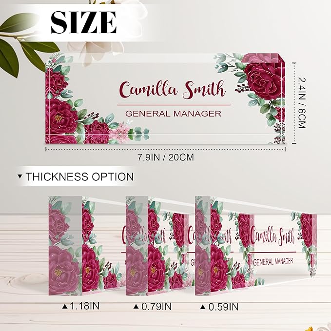 Personalized Name Plate for Desk, Custom Acrylic Desk Name Sign, Office Appreciation Gifts for Women Men Coworkers Boss Teacher Employee (Flower-Rose)