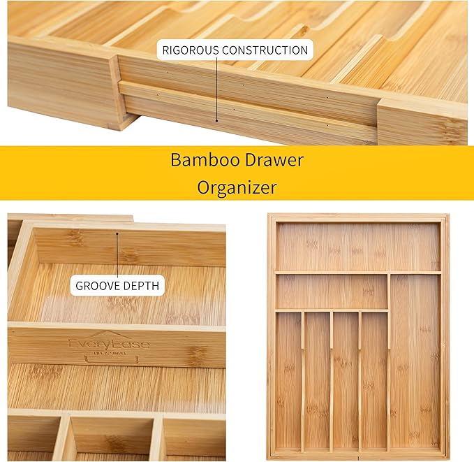 Cutlery Drawer Organizer for Kitchen Utensils, 13-20 Inches Expandable Bamboo Utensil Tray, Large Wooden Silverware Organizer Insert for Kitchen Drawers