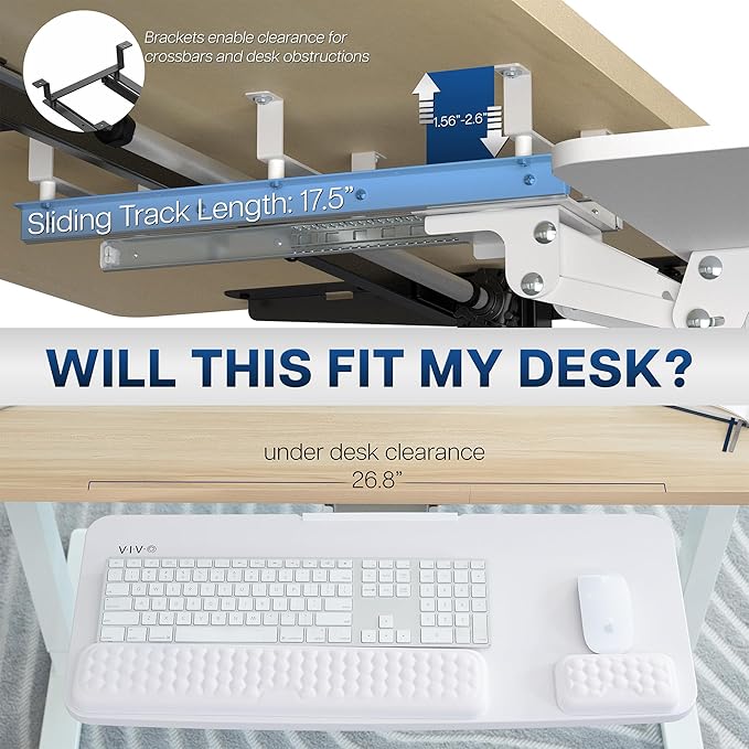 VIVO Premium Adjustable 27 x 11 inch Computer Keyboard and Mouse Platform Tray, Ergonomic Under Table Desk Mount Drawer with Padding, White, MOUNT-KB27P-W