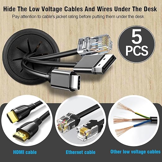 2" Black Desk Grommet, JTemgle Flexible Cable Grommet Plastic Cable Hole Cover Wire Organizer Caps Desktop Cord Management for Home Office TV Stands Tabletops, 5 Pieces