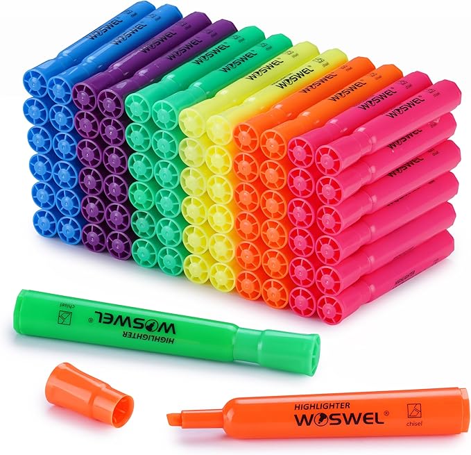 WOSWEL Highlighters Bulk, 72 Pack Tank Style Highlighters Assorted Fluorescent Colors Set, 6 Bright Colors Chisel Tip Highlighter Markers for Kid and Adult Coloring, Highlighting as School Supplies