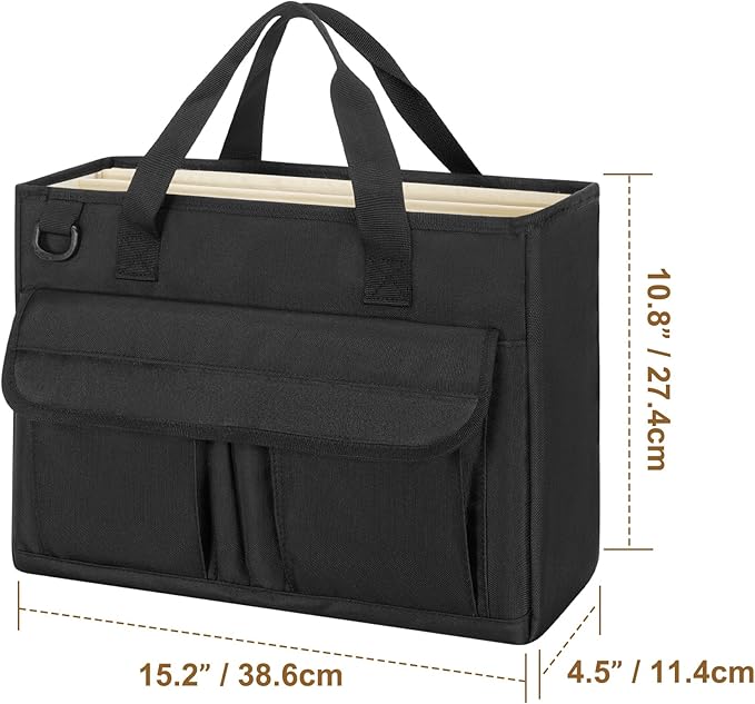 LoDrid Portable File Box with Handle, Foldable Bag for Legal Size File Folder, Separated Storage Laptop Layer (up to 15.6 Inch), Black, Bag Only(Patent Design)