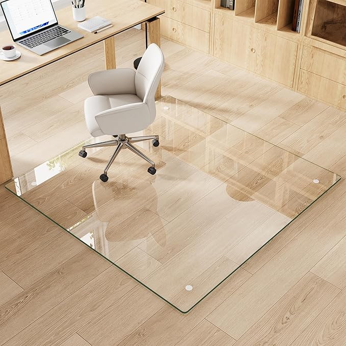 Tempered Glass Chair Mat for Carpet & Hard Floor, 48"x48" Office Chair Mat - Heavy Duty & Scratch Resistant, Non-Slip Pads, Rounded Corners & Polished Edges