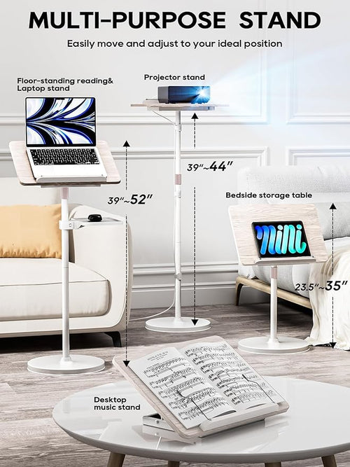 2 in 1 Adjustable Book Stand - Dual-Use Floor and Desktop Book Holder Stand, Height Adjustable 23.5-52 in, Elastic Page Clips for Music Sheet, Recipe, Tablet, Laptop-White
