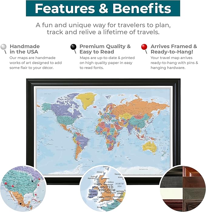 Push Pin Travel Maps - Blue Oceans World - Rustic Black Framed Pin Map for Tracking Your Travels - 27.5" x 39.5" - 8 Handcrafted Frame Options - Made in USA - Ideal for Any Traveler