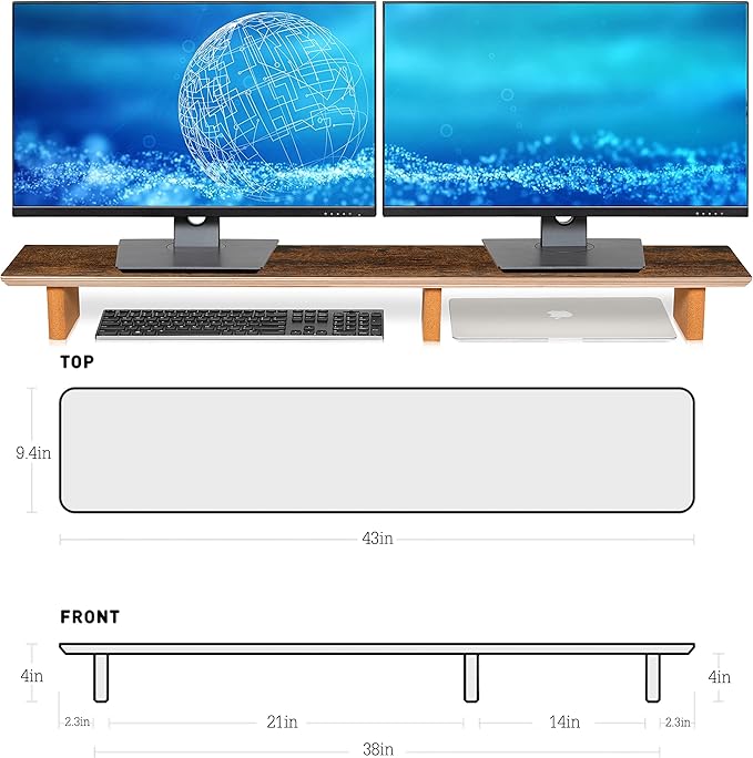 Large Dual Monitor Stand Riser - Solid Wood Desk Shelf with Eco Cork Legs for Laptop Computer/TV/PC/Printers, Perfect Desktop Stands Organizer with Underneath Storage for Office Accessories,Vintage