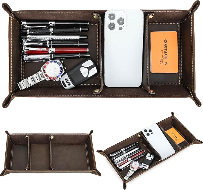 Top Grain Leather Desk Valet Tray Organizer for Man & Woman, Vintage Handmade, Foldable Flat Basket & 3 Compartments, Desk Catchall Holder for Wallet/Watches/Keys/Coins/Office Supplies, Coffee, Update