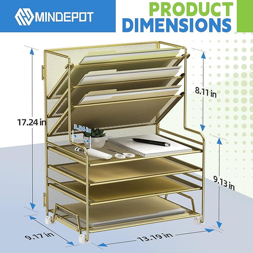 4-Tier Paper Organizer + 3-Pocket File Holder + Drawer + Pen Holders, Desktop File Organizers Paper Tray for Office Supplies School Classroom Organization (Gold, no Drawer & Pen Holder)