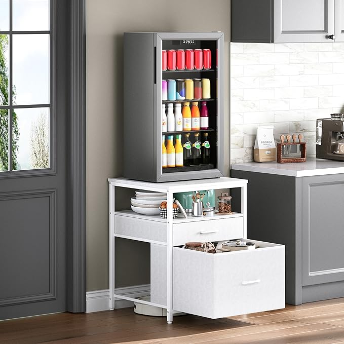 Mini Fridge Stand with 3 Storage, Mini Fridge Cabinet, Beverage Fridge Table, Heavy Duty 21.3" L* 22.7" W Tabletop, for Dorm, Apartment,Office, Bedroom White HB01BXW