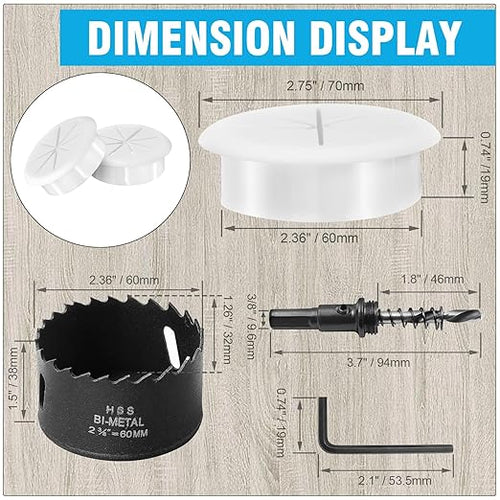 2-3/8" White Desk Grommet, JTemgle Flexible Cable Grommet with Bi-Metal Hole Saw Rubber Cable Hole Cover Wire Organizer Caps Desktop Cord Management for Home Office TV Stands Tabletops, 7 Pieces